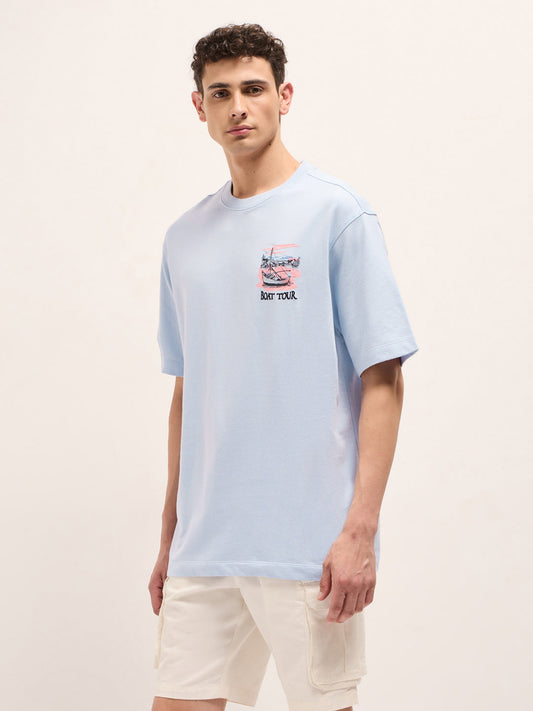 Light Blue Oversized Crew Neck T-Shirt with Back Boat Tour Scenic Graphic Print