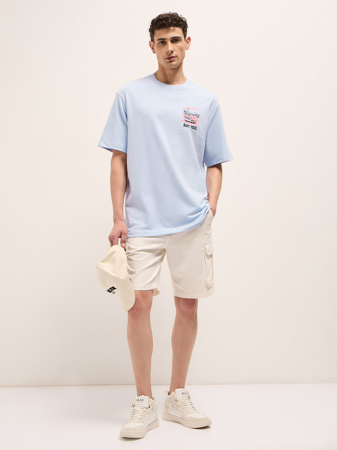 Light Blue Oversized Crew Neck T-Shirt with Back Boat Tour Scenic Graphic Print
