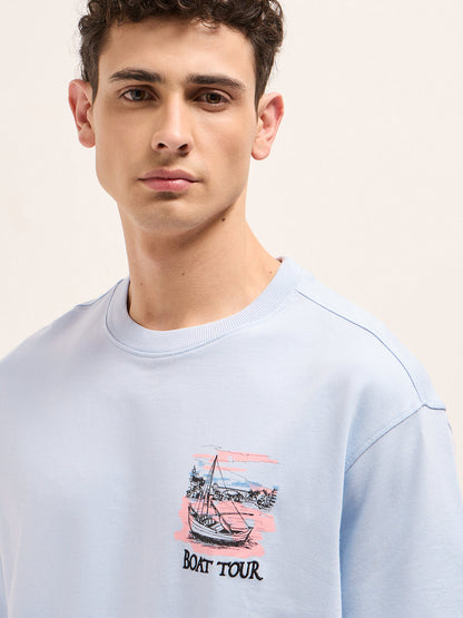 Light Blue Oversized Crew Neck T-Shirt with Back Boat Tour Scenic Graphic Print
