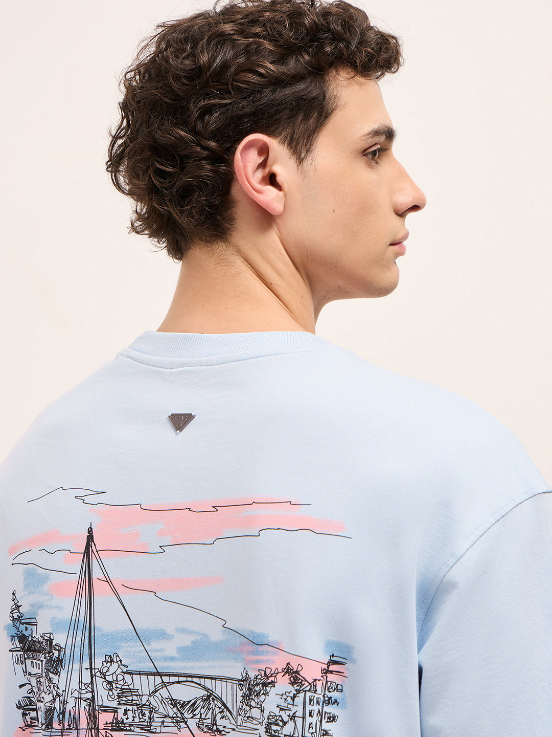 Light Blue Oversized Crew Neck T-Shirt with Back Boat Tour Scenic Graphic Print