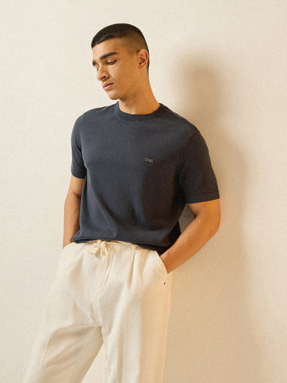 Grey Solid Regular Fit Ribbed Crew Neck T-shirt