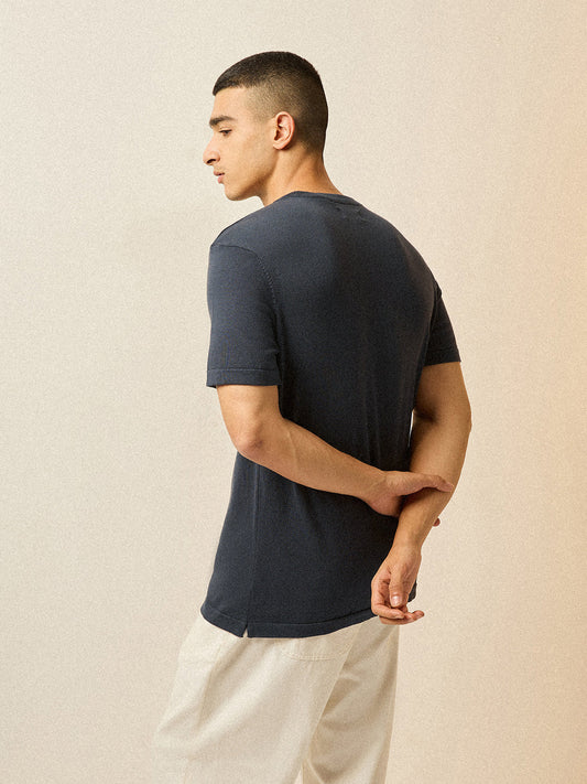 Grey Solid Regular Fit Ribbed Crew Neck T-shirt