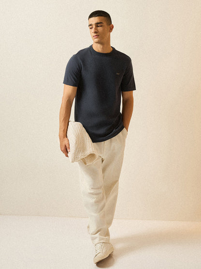 Grey Solid Regular Fit Ribbed Crew Neck T-shirt