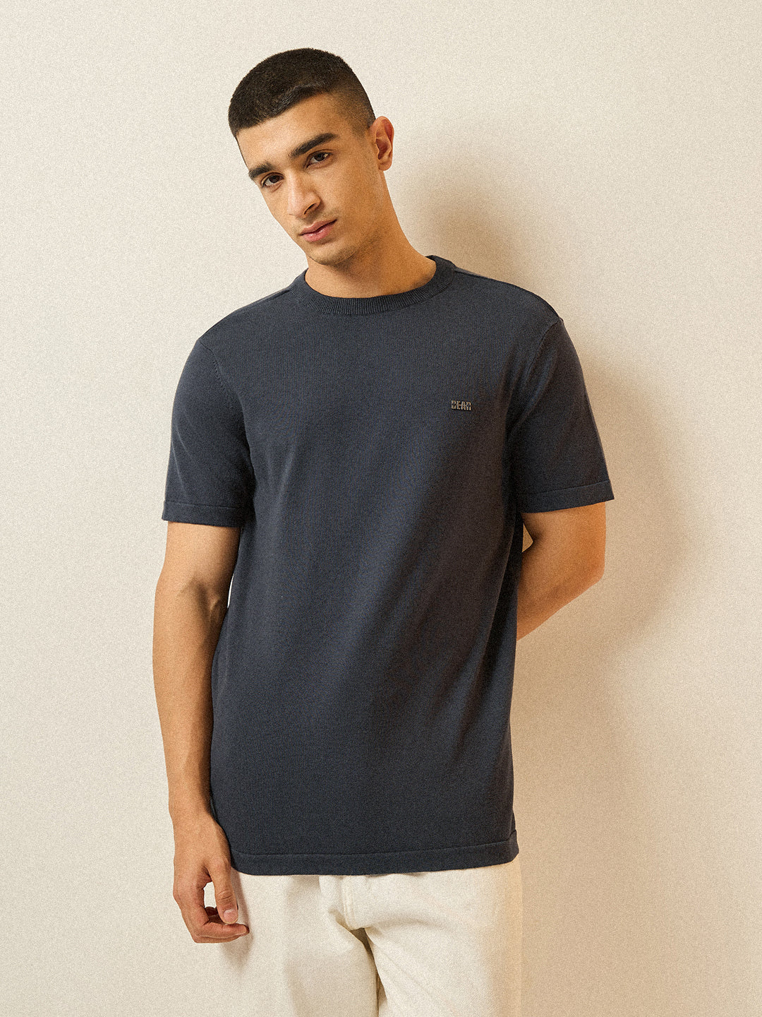 Grey Solid Regular Fit Ribbed Crew Neck T-shirt