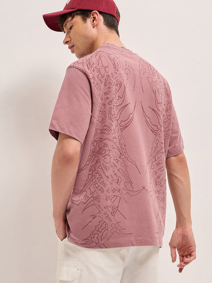 Mauve Oversized Crew Neck T-Shirt with Tribal Abstract Graphic Print