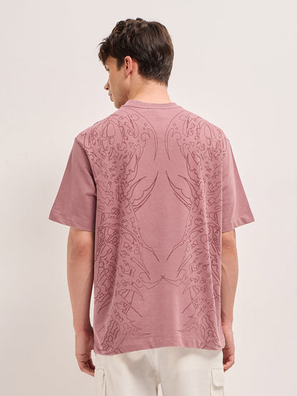 Mauve Oversized Crew Neck T-Shirt with Tribal Abstract Graphic Print