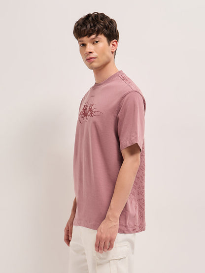 Mauve Oversized Crew Neck T-Shirt with Tribal Abstract Graphic Print