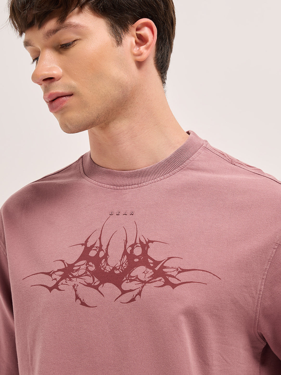 Mauve Oversized Crew Neck T-Shirt with Tribal Abstract Graphic Print