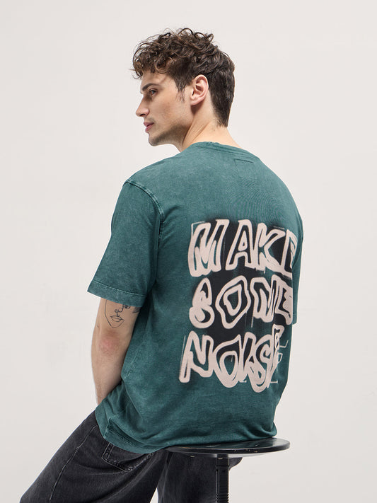 Teal Green Oversized Graphic T-Shirt with Bold Text Design