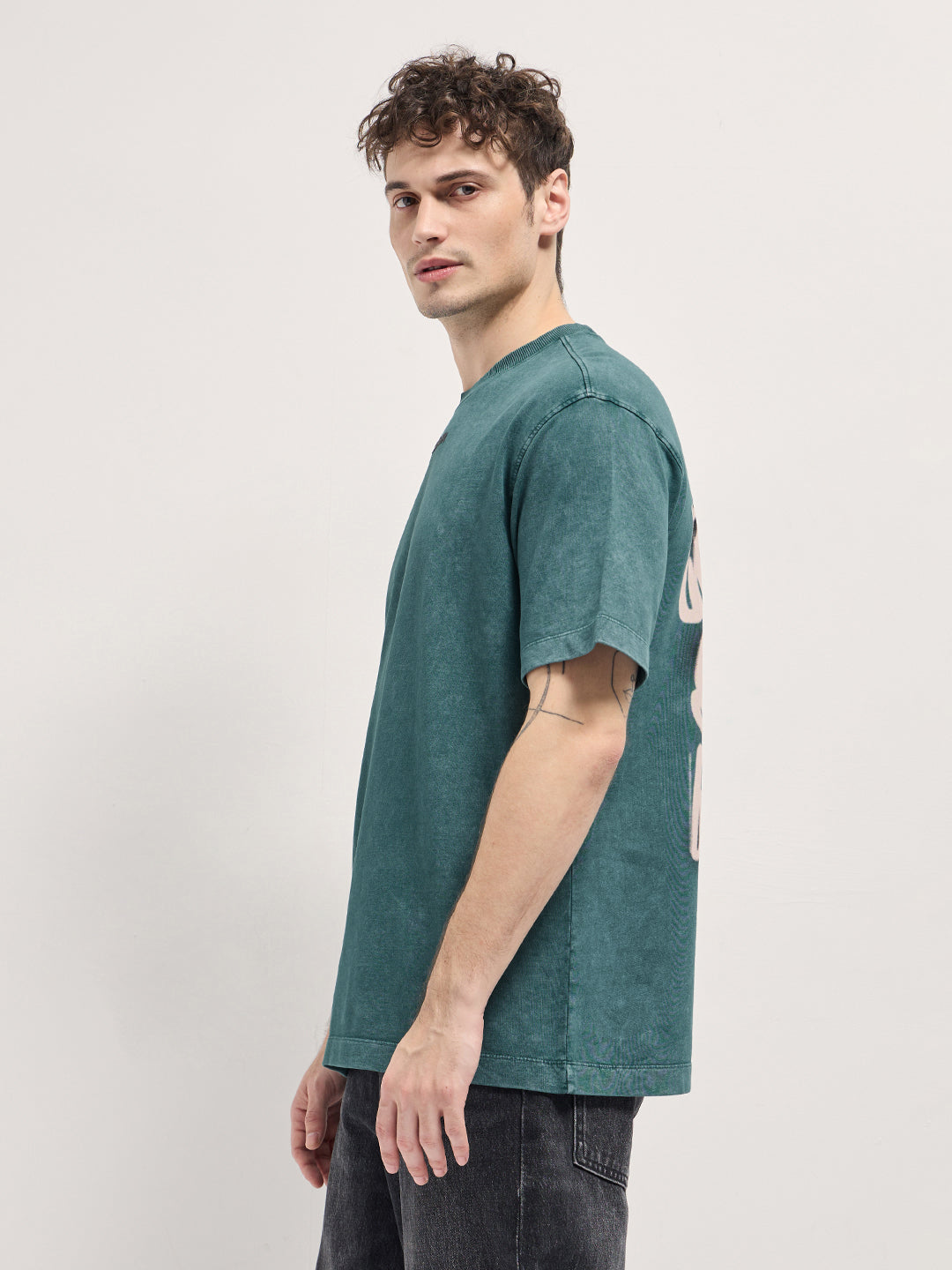 Teal Green Oversized Graphic T-Shirt with Bold Text Design
