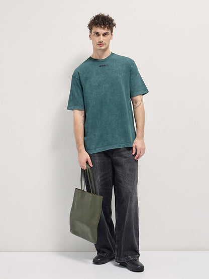 Teal Green Oversized Graphic T-Shirt with Bold Text Design
