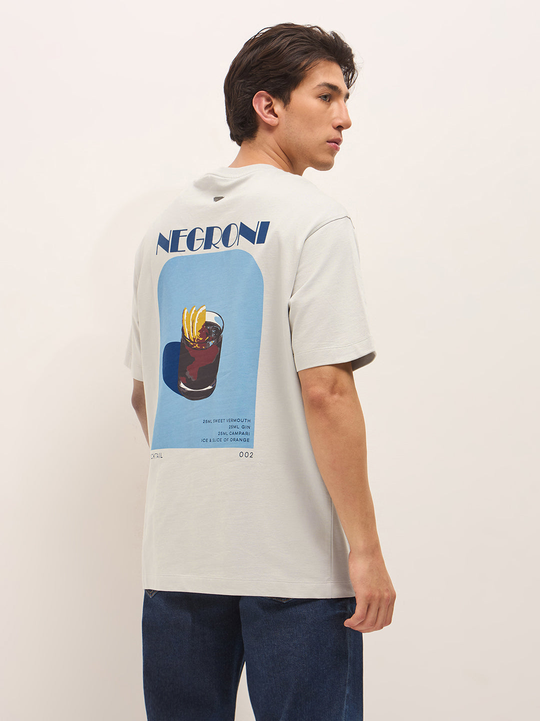 Grey Crew Neck Graphic Print T-Shirt with Negroni Cocktail Illustration on Back