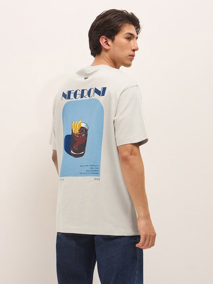 Grey Crew Neck Graphic Print T-Shirt with Negroni Cocktail Illustration on Back