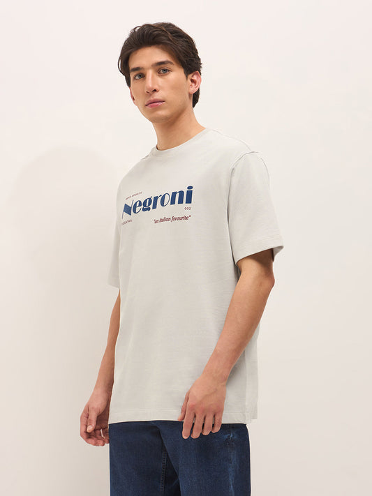 Grey Crew Neck Graphic Print T-Shirt with Negroni Cocktail Illustration on Back