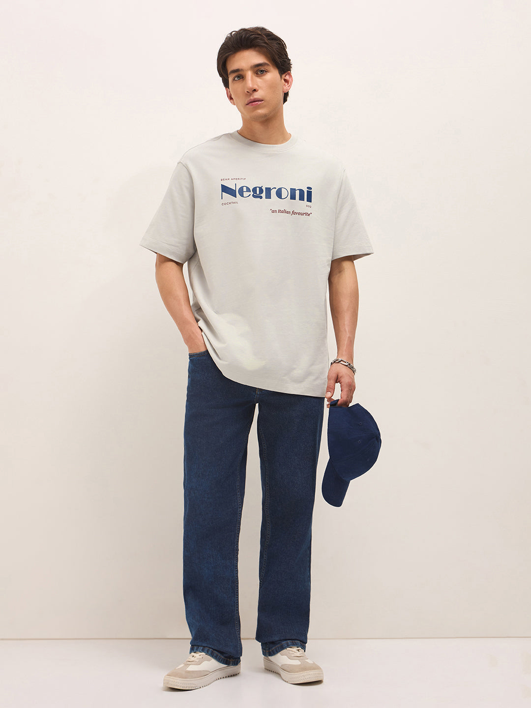 Grey Crew Neck Graphic Print T-Shirt with Negroni Cocktail Illustration on Back