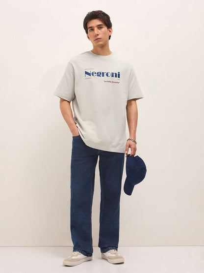 Grey Crew Neck Graphic Print T-Shirt with Negroni Cocktail Illustration on Back