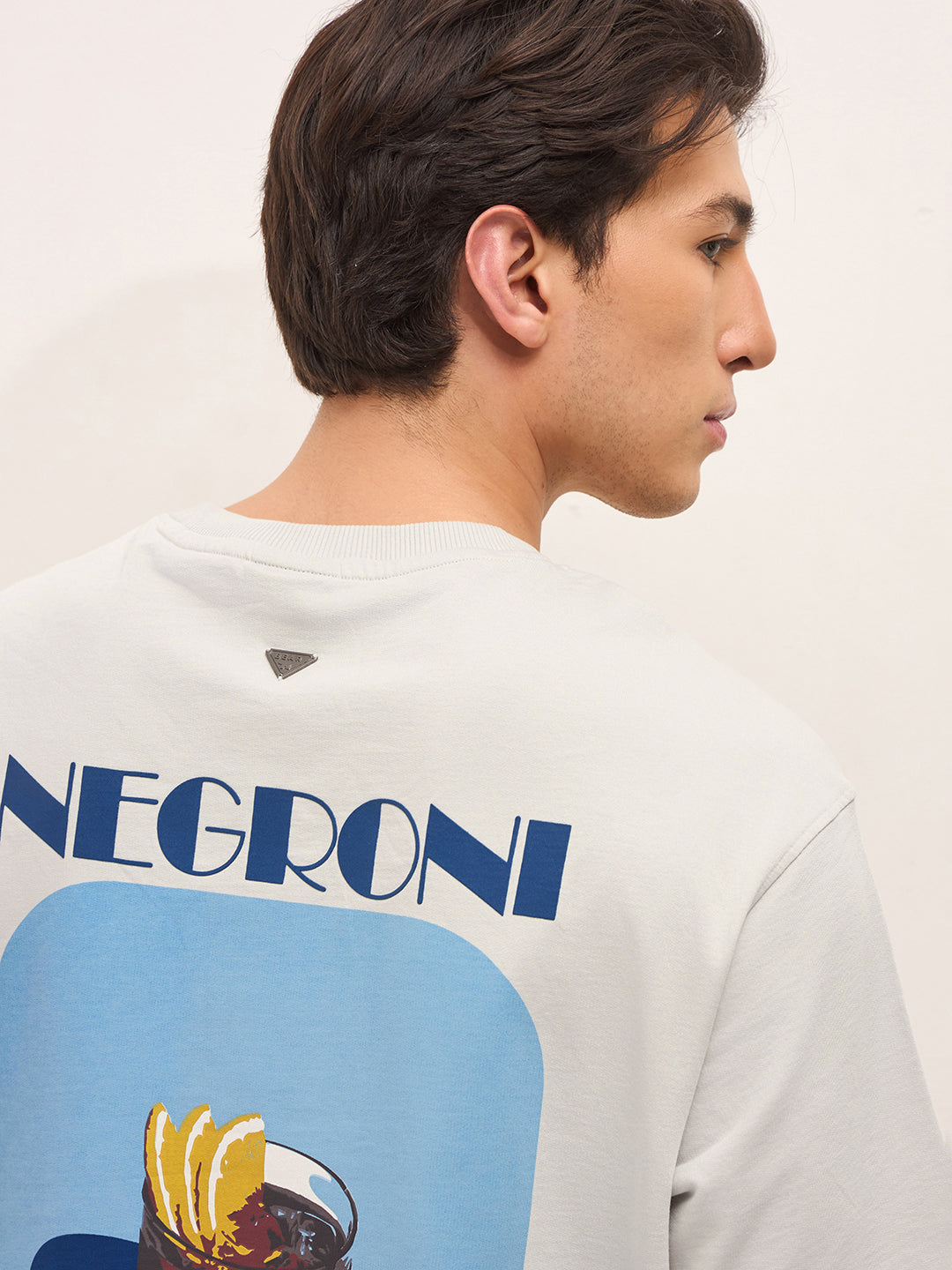 Grey Crew Neck Graphic Print T-Shirt with Negroni Cocktail Illustration on Back