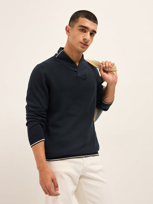 Navy Blue Textured Slim Fit Shawl Collar Full Sleeve T-shirt