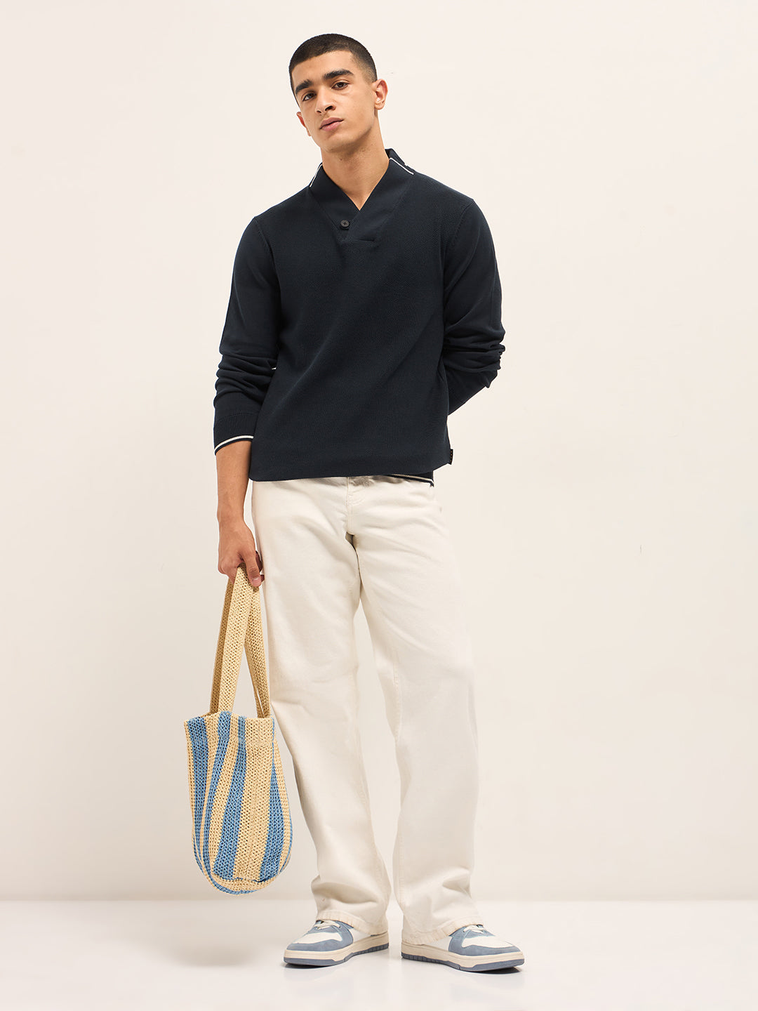 Navy Blue Textured Slim Fit Shawl Collar Full Sleeve T-shirt