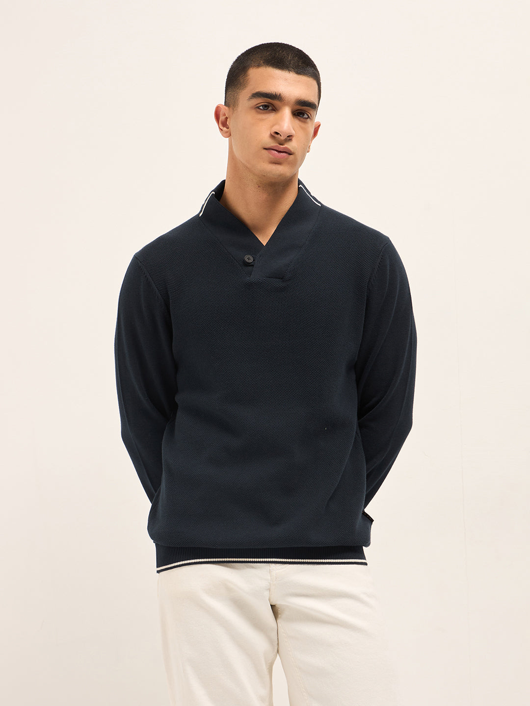 Navy Blue Textured Slim Fit Shawl Collar Full Sleeve T-shirt