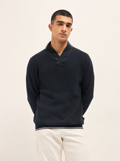 Navy Blue Textured Slim Fit Shawl Collar Full Sleeve T-shirt