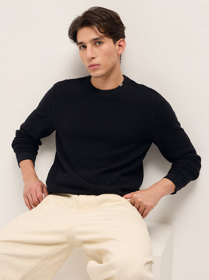 Black Regular Fit Full Sleeve Flat Knit T-Shirt with Solid Texture