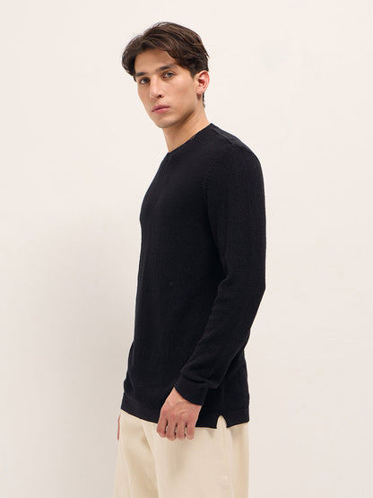 Black Regular Fit Full Sleeve Flat Knit T-Shirt with Solid Texture