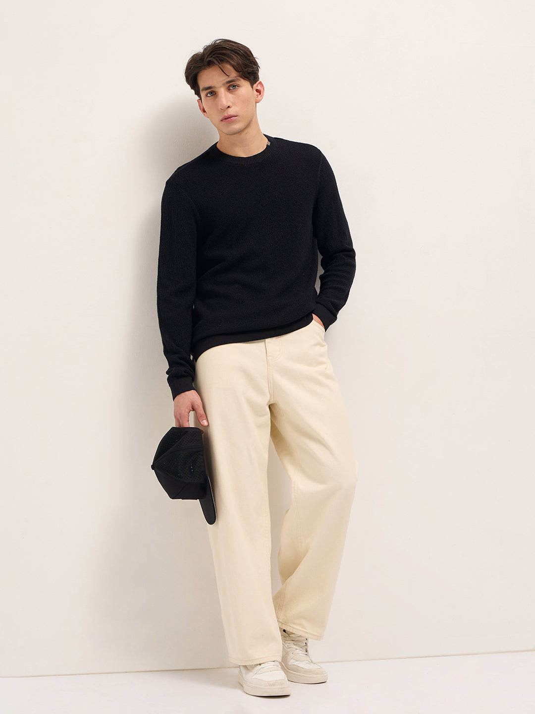 Black Regular Fit Full Sleeve Flat Knit T-Shirt with Solid Texture