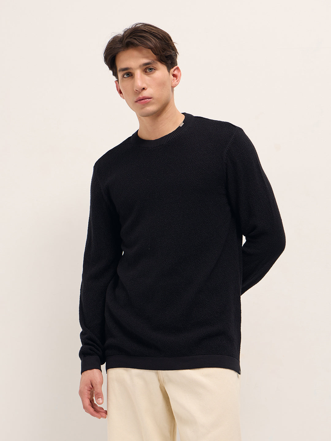 Black Regular Fit Full Sleeve Flat Knit T-Shirt with Solid Texture