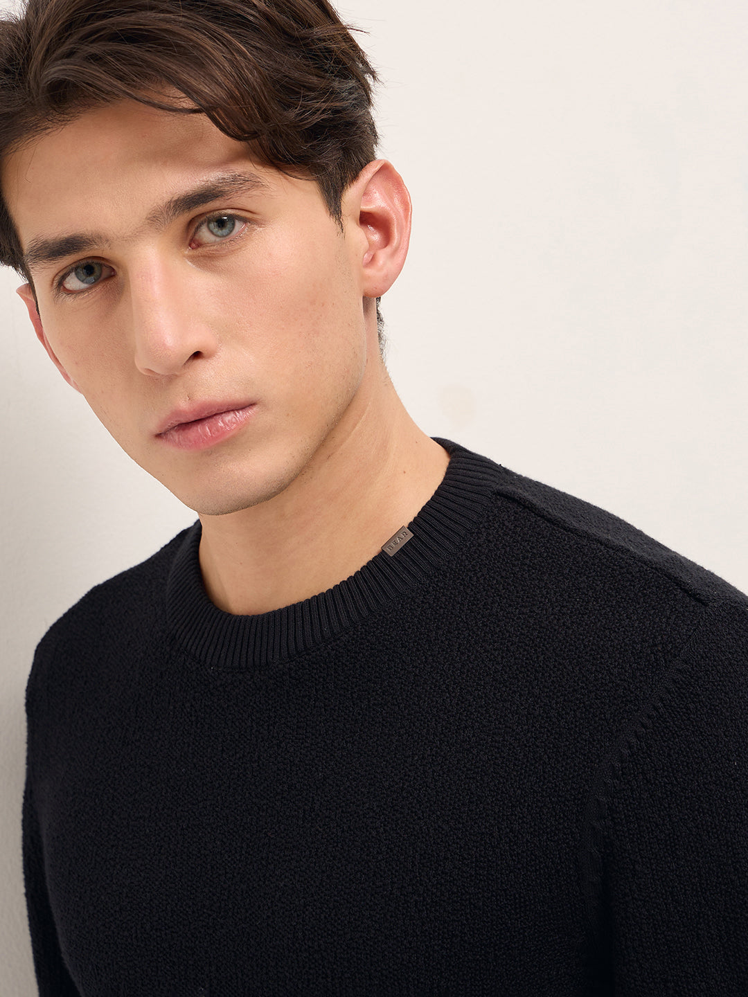 Black Regular Fit Full Sleeve Flat Knit T-Shirt with Solid Texture