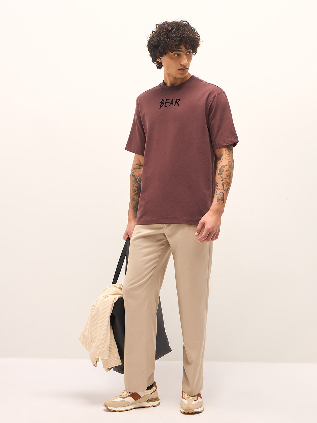 Brown Oversized Crew Neck T-Shirt with Back Graphic Prin