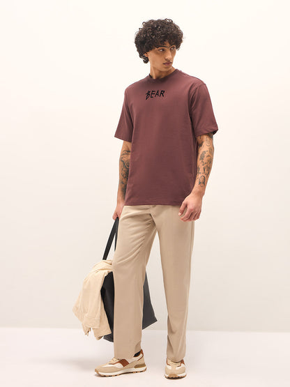 Brown Oversized Crew Neck T-Shirt with Back Graphic Prin