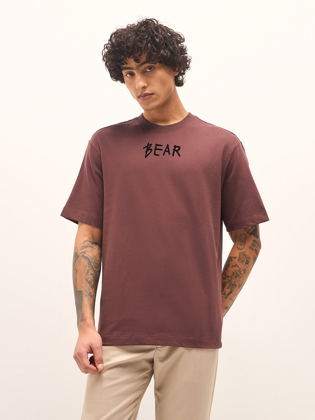 Brown Oversized Crew Neck T-Shirt with Back Graphic Prin