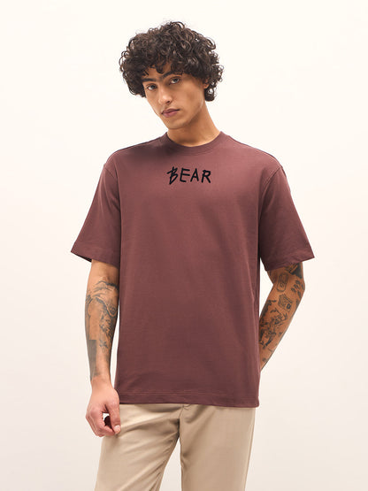 Brown Oversized Crew Neck T-Shirt with Back Graphic Prin