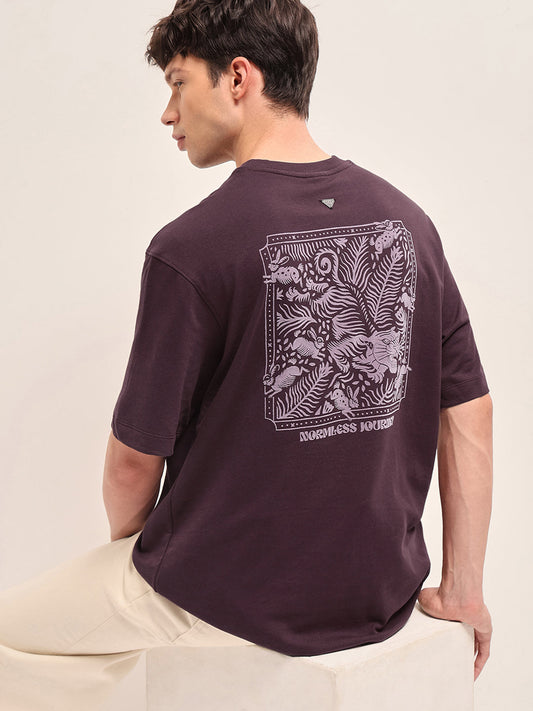 Maroon Oversized Crew Neck T-Shirt with Tiger & Rabbit Foliage Graphic Print