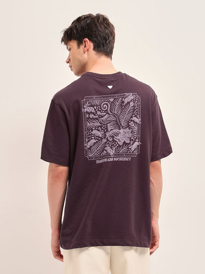 Maroon Oversized Crew Neck T-Shirt with Tiger & Rabbit Foliage Graphic Print