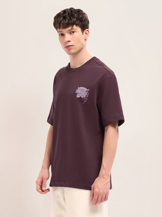 Maroon Oversized Crew Neck T-Shirt with Tiger & Rabbit Foliage Graphic Print