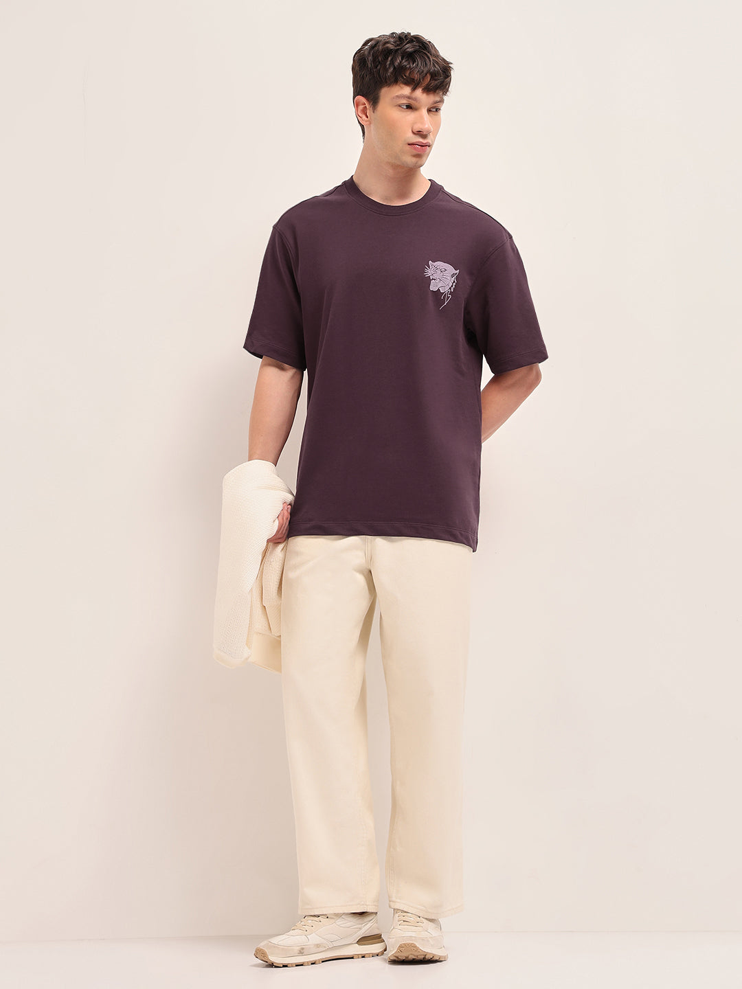 Maroon Oversized Crew Neck T-Shirt with Tiger & Rabbit Foliage Graphic Print