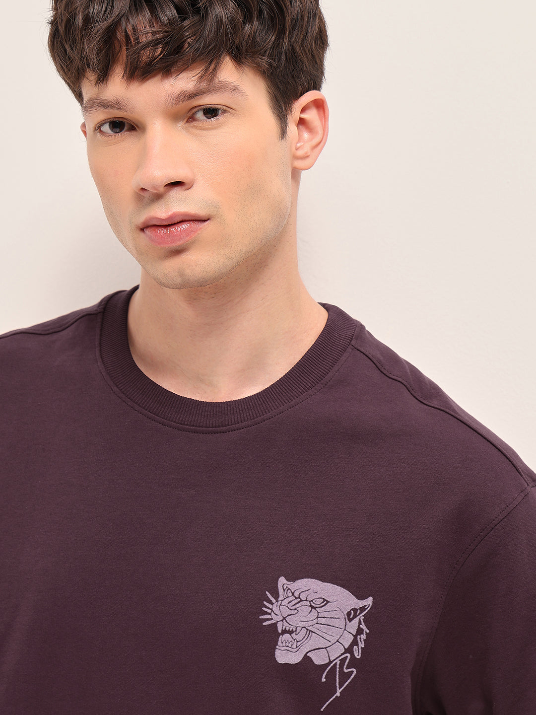 Maroon Oversized Crew Neck T-Shirt with Tiger & Rabbit Foliage Graphic Print