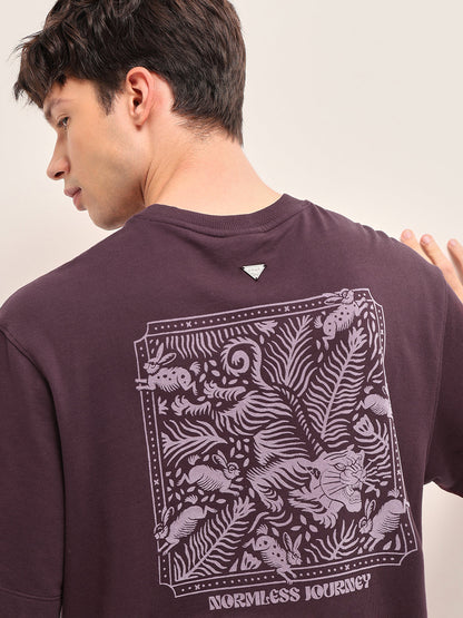 Maroon Oversized Crew Neck T-Shirt with Tiger & Rabbit Foliage Graphic Print