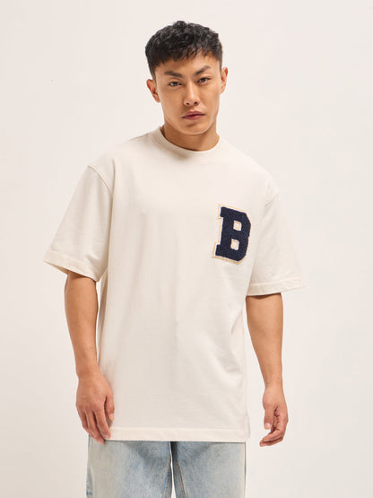 White Oversized Graphic T-Shirt with Chenille Patch and Bold Back Print