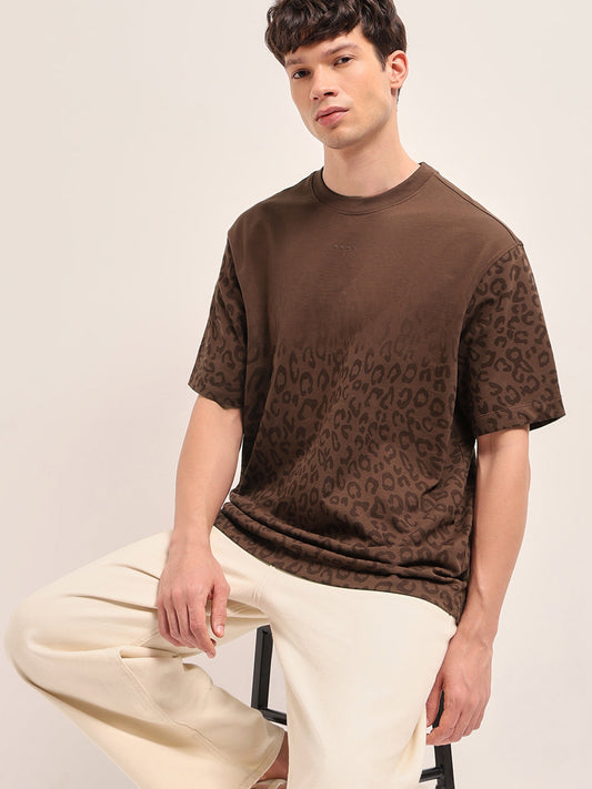 Brown Oversized Crew Neck T-Shirt with Gradient Tonal Leopard Print