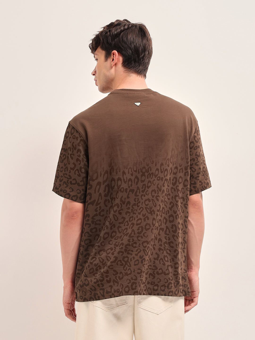Brown Oversized Crew Neck T-Shirt with Gradient Tonal Leopard Print