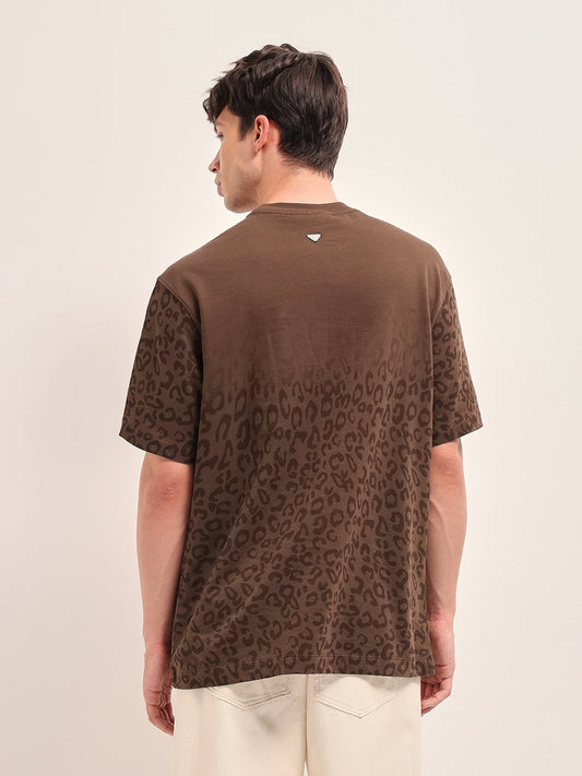 Brown Oversized Crew Neck T-Shirt with Gradient Tonal Leopard Print