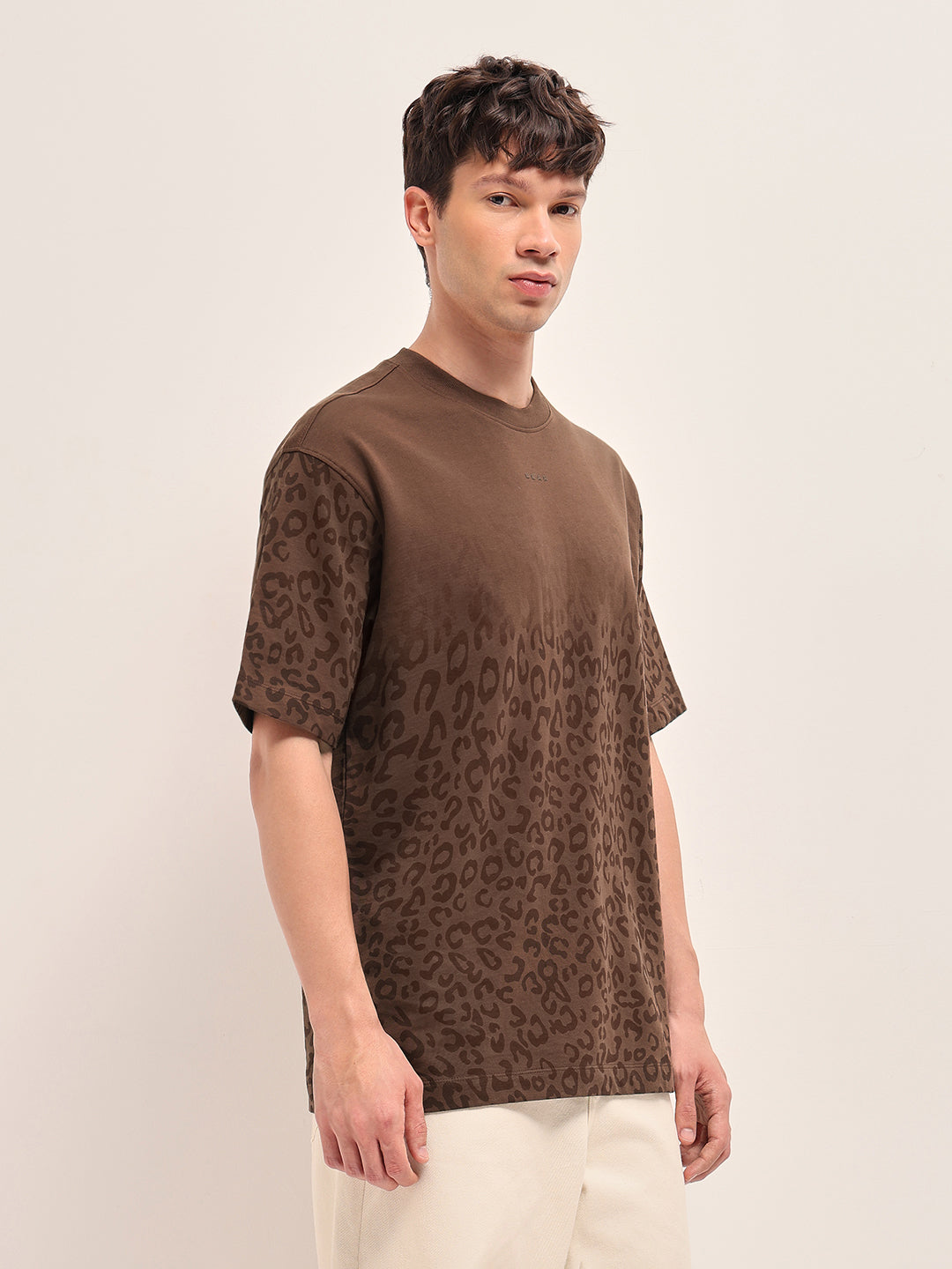 Brown Oversized Crew Neck T-Shirt with Gradient Tonal Leopard Print