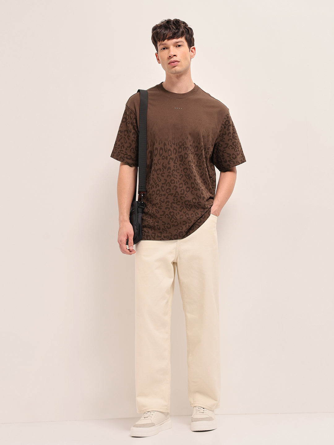 Brown Oversized Crew Neck T-Shirt with Gradient Tonal Leopard Print