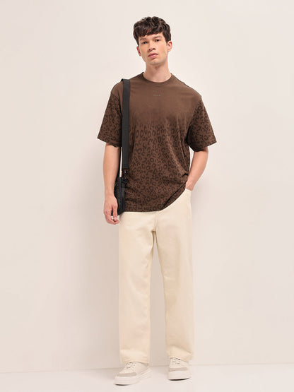 Brown Oversized Crew Neck T-Shirt with Gradient Tonal Leopard Print