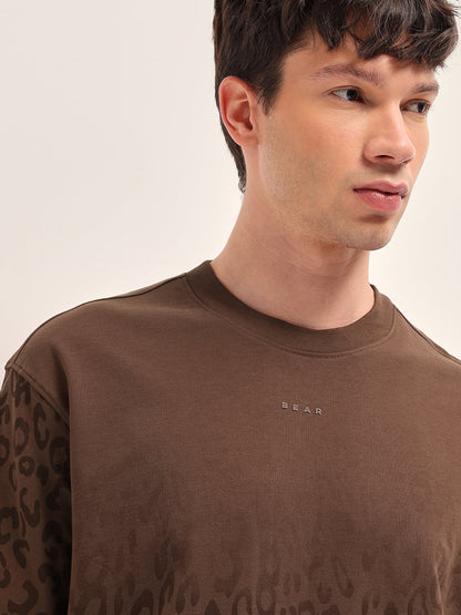 Brown Oversized Crew Neck T-Shirt with Gradient Tonal Leopard Print