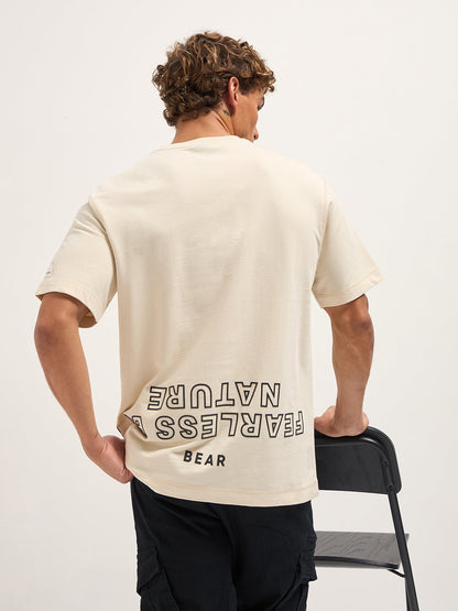 Cream Oversized Crew Neck T-Shirt with Side & Back Graphic Print