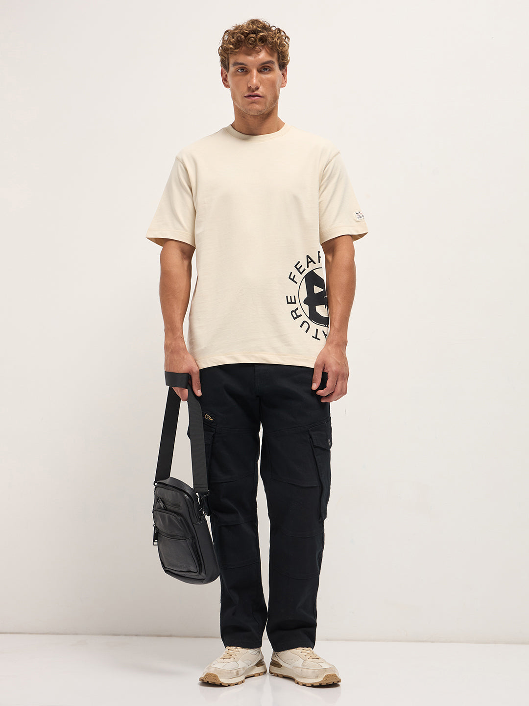 Cream Oversized Crew Neck T-Shirt with Side & Back Graphic Print